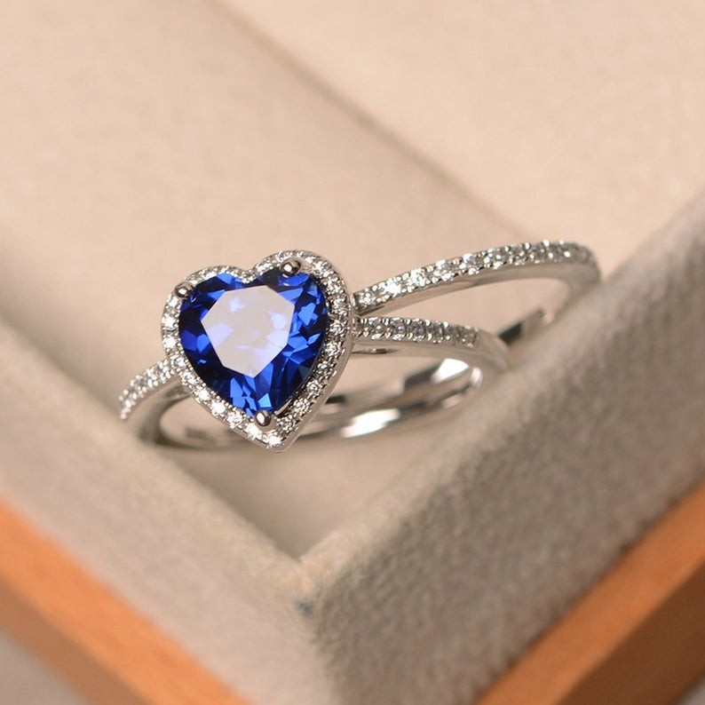 1.39 Ct Heart Cut Natural Sapphire Diamond Wedding Ring 14K White Gold Size 7.5