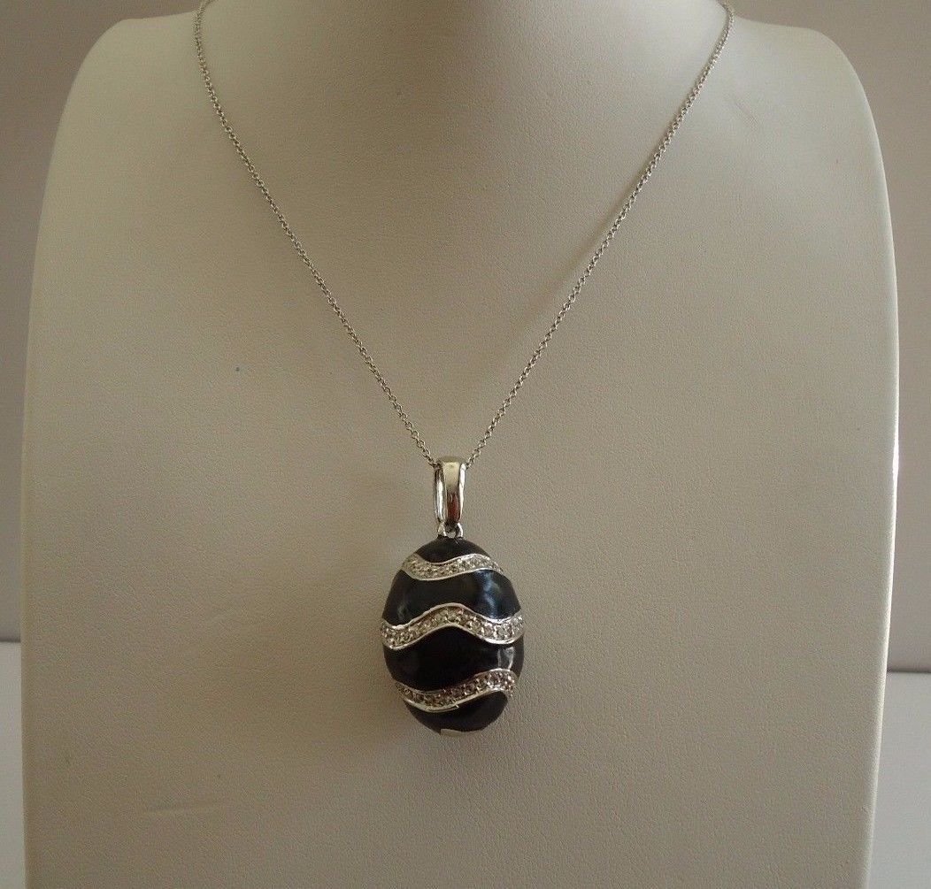925 STERLING SILVER BLACK ENAMEL EGG SHAPE PENDANT NECKLACE W/ ACCENTS/18”CHAIN