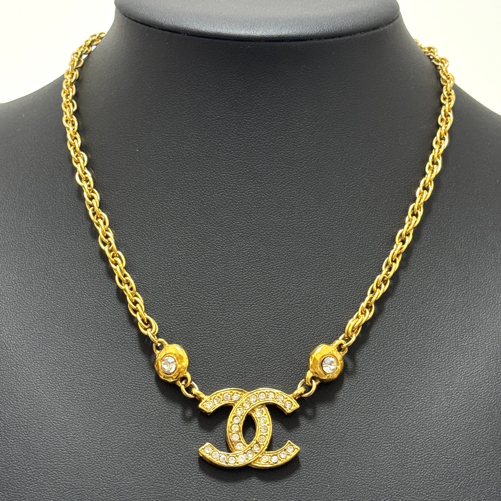 CHANEL COCO Mark CC Logo Necklace Gold Rhinestone Vintage Authentic JAPAN