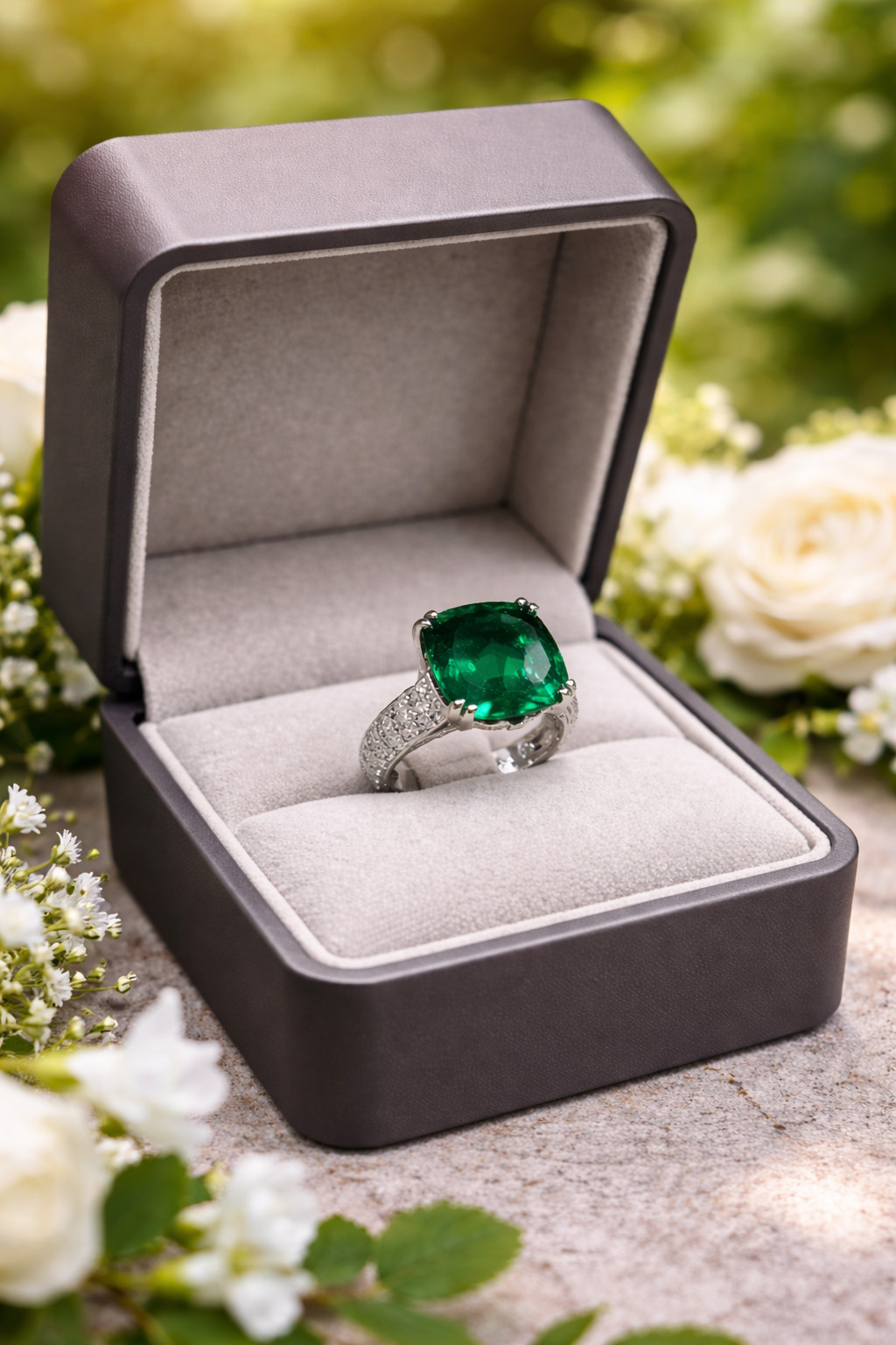 4.90 Ct Cushion Cut Natural Emerald Diamond Wedding Ring 14K White Gold Size 8