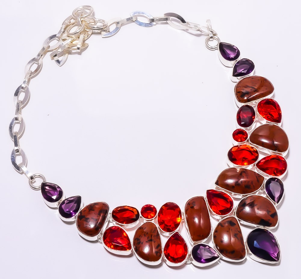Natural Mahogany Obsidian & Amethyst 925 Silver Plated Necklace 16-18″ S1916