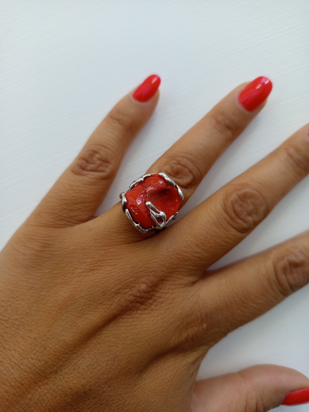Women’s Ring Real Red Italian Red Silver White 925 Adjustable Band