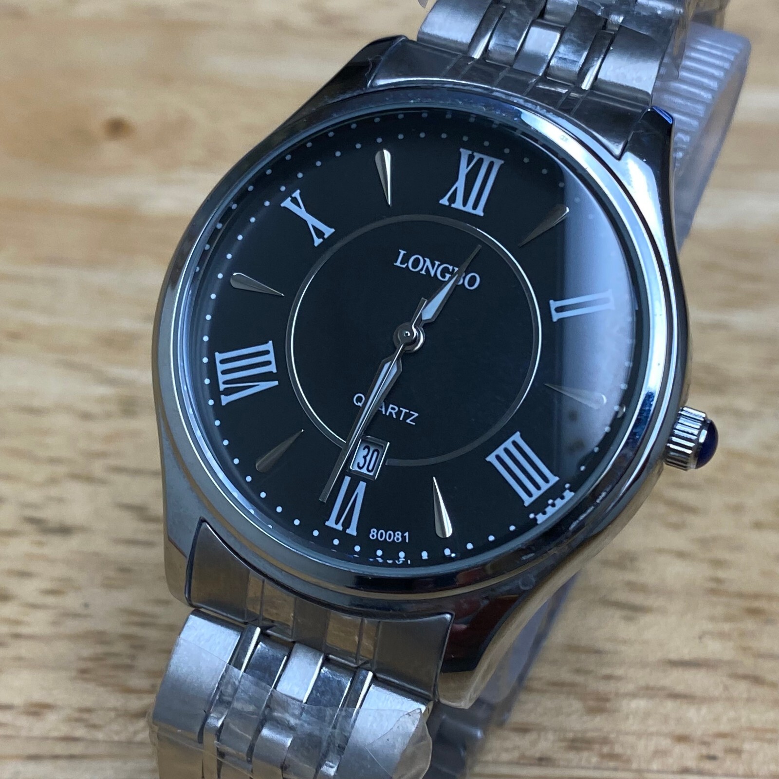 Unused Longbo Mens Silver Black Roman Analog Quartz Watch~Date~New Battery