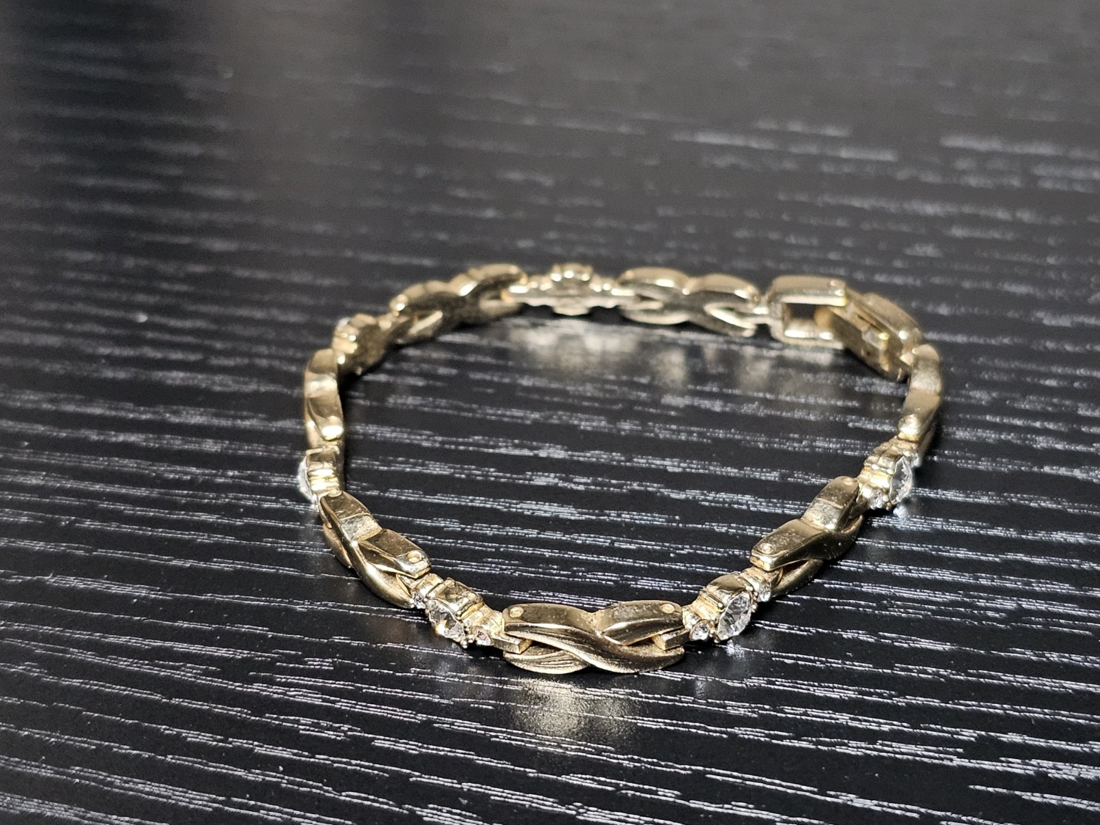 Gold Tone Twisted Link Bracelet Clear CZ Stones Fold Over Clasp