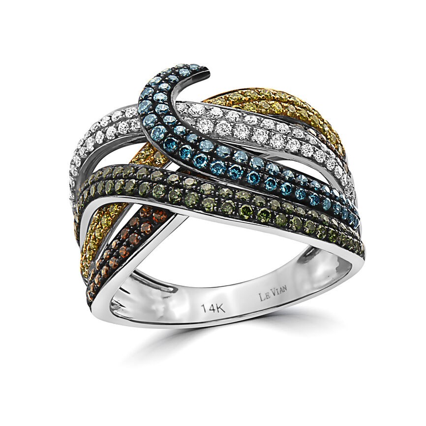 LeVian 14K White Gold Statement Ring with 1.33 Carat Green White & Red Diamonds