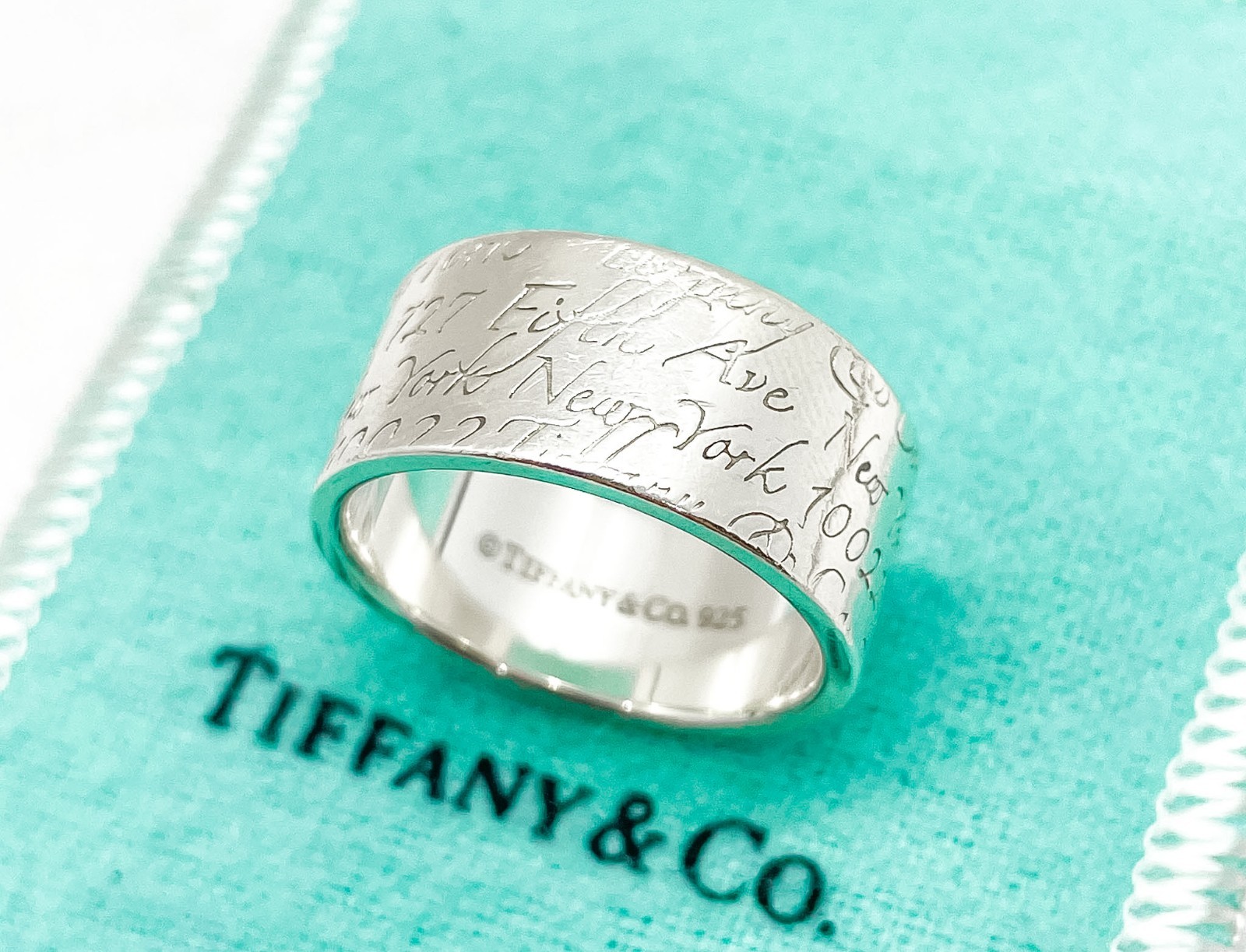 Tiffany & Co. Notes Script Fifth Avenue New York Wide Band Ring Silver Size 8.75