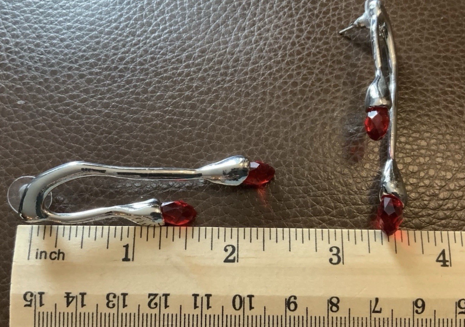 Modern Sculptural Earrings Silver COS Red Crystal Matchstick Steampunk Stud VTG