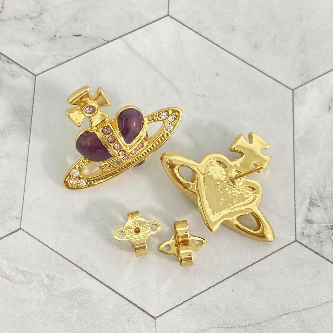 Vivienne Westwood Earrings Pierce Diamante Heart Gold Purple 2.5 cm w/drawstring
