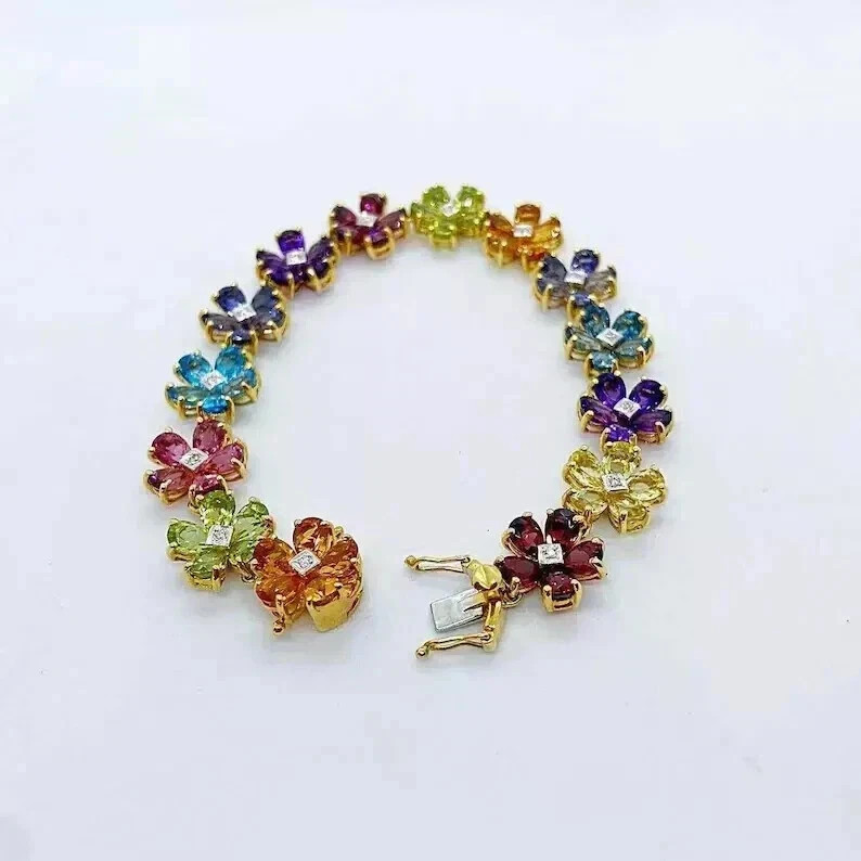 9.55 Ct Simulated Multi-Gemstone Flower 7″ Bracelet 14K Yellow Gold Plated