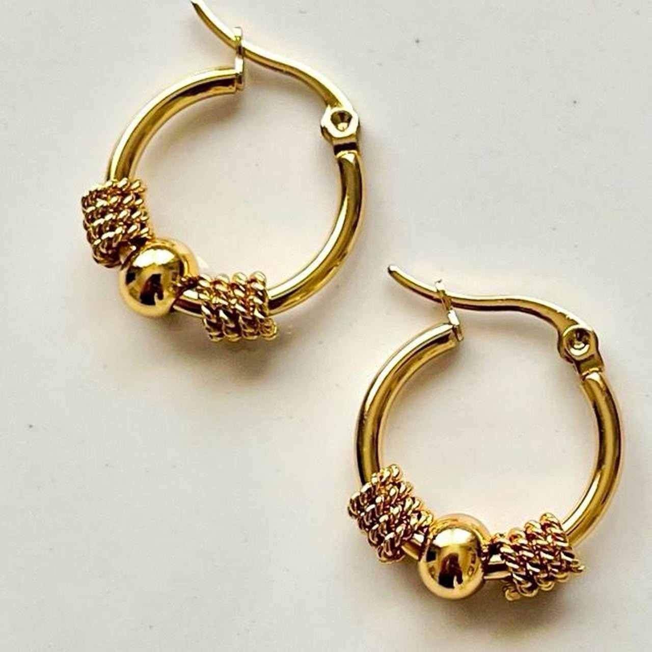 Two-Tone Gold Tone Stainless Steel Beaded Hoop Huggie Earrings Hinged Closure