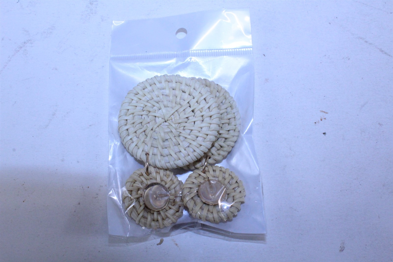 Rattan Post Stud Dangle Earrings Natural Color 1 3/4″ x 2 3/4″ long Gold-tone