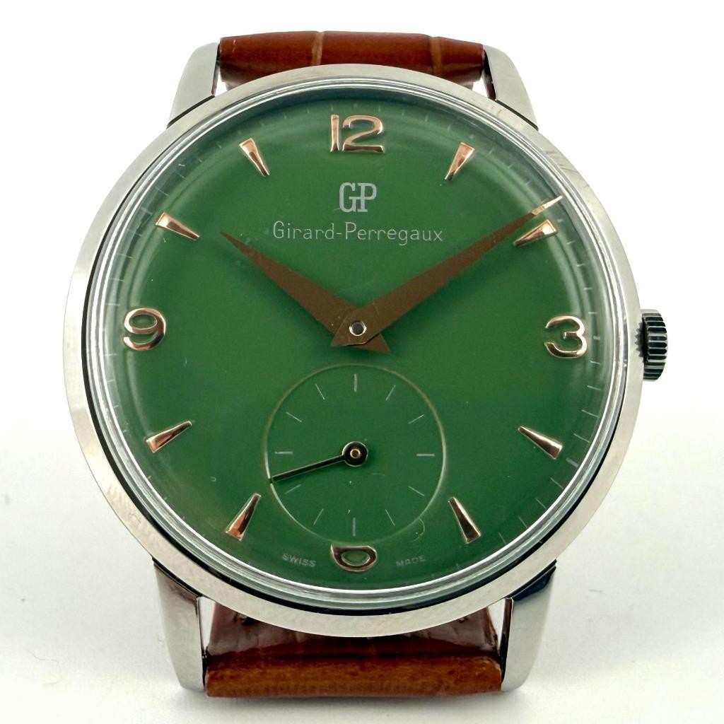 LARGE VINTAGE GIRARD PERREGAUX MANUAL WIND STEEL GENTS WATCH NICE GREEN DIAL