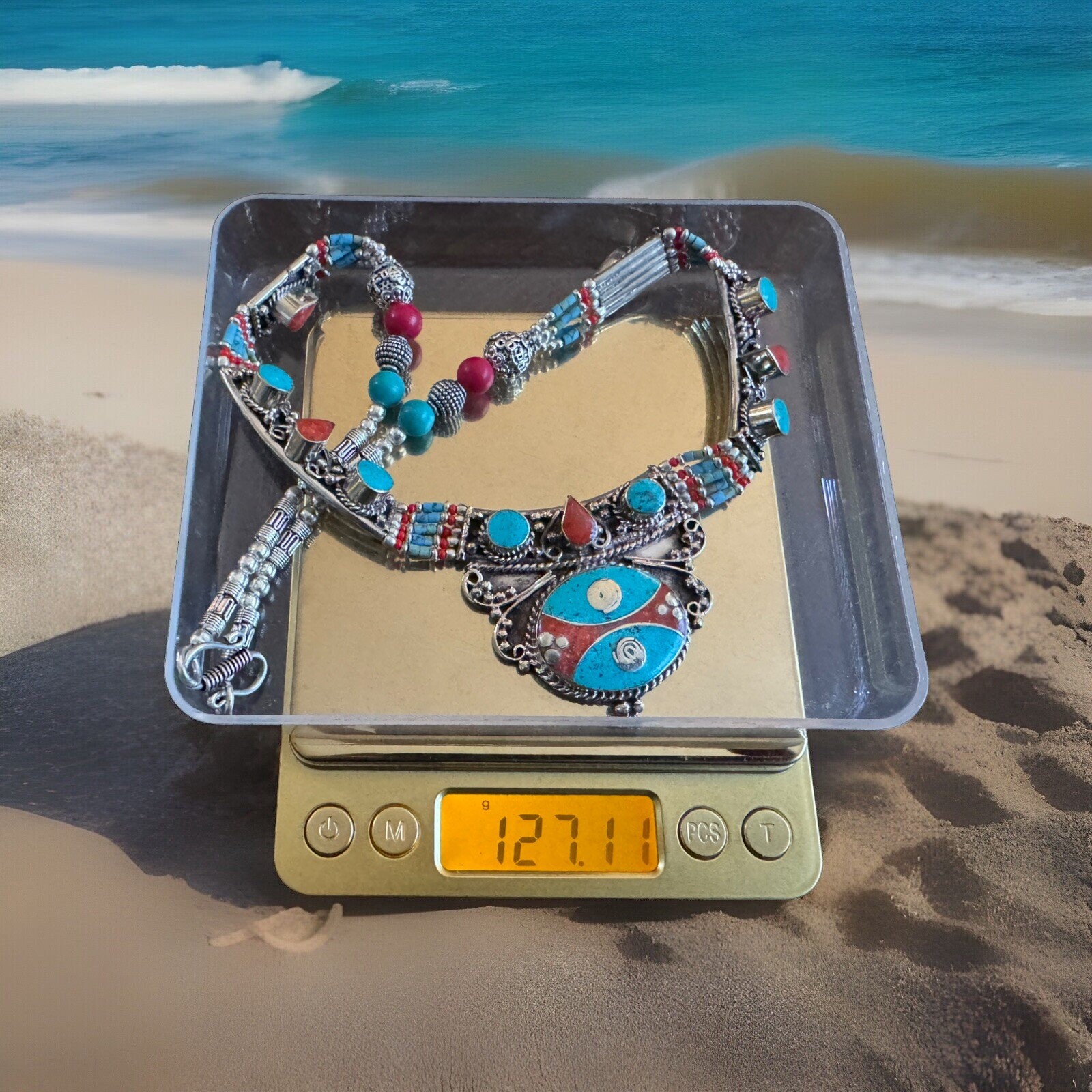Ethnic tribal theme hand crafted necklace inlay stones set in Tibetan silver19”