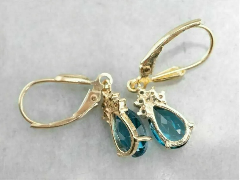 Sterling Silver Blue Teardrop Gemstone Dangle Earrings in Gold Finish