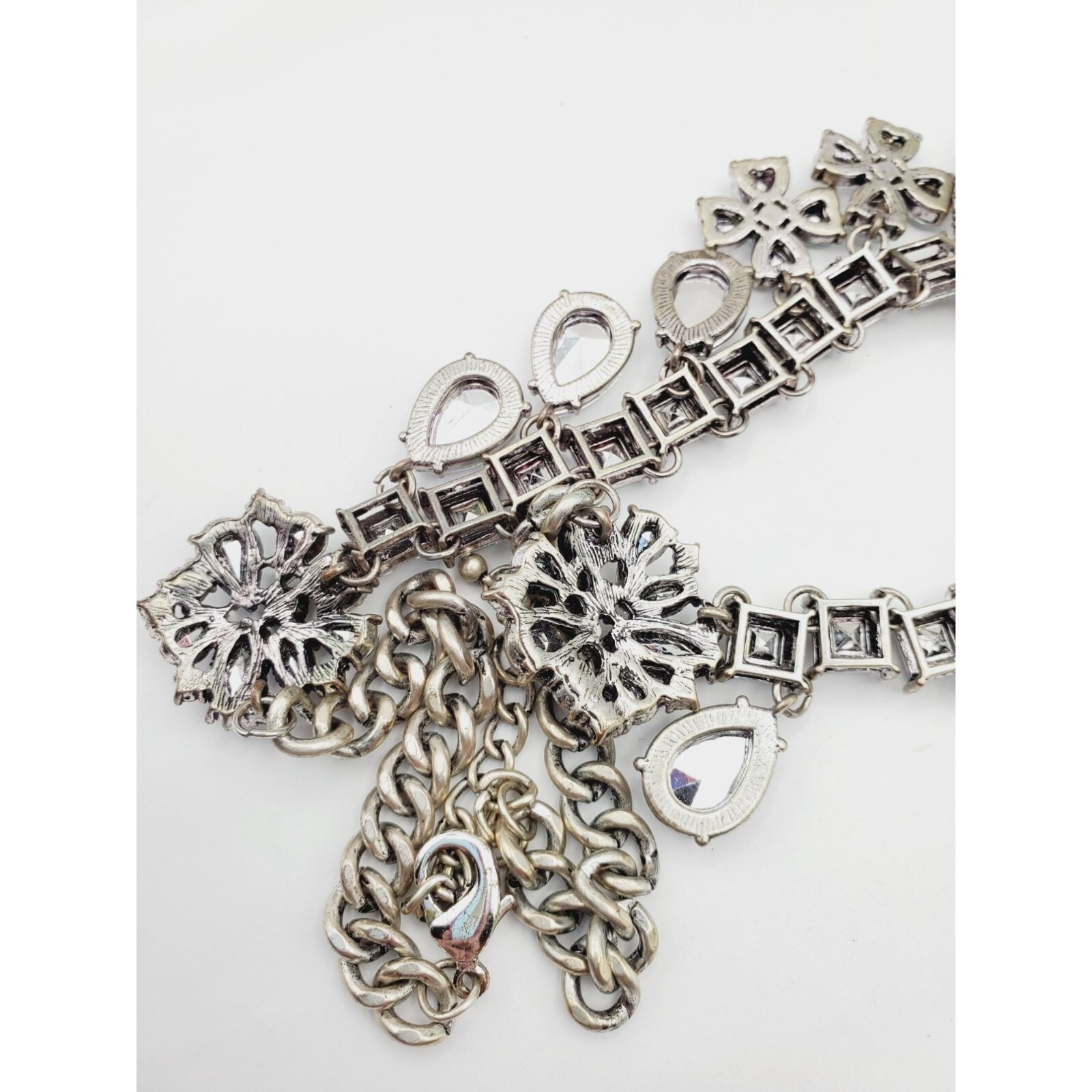 Statement silver tone Rhinestone flower square tear drop pear Necklace 18″