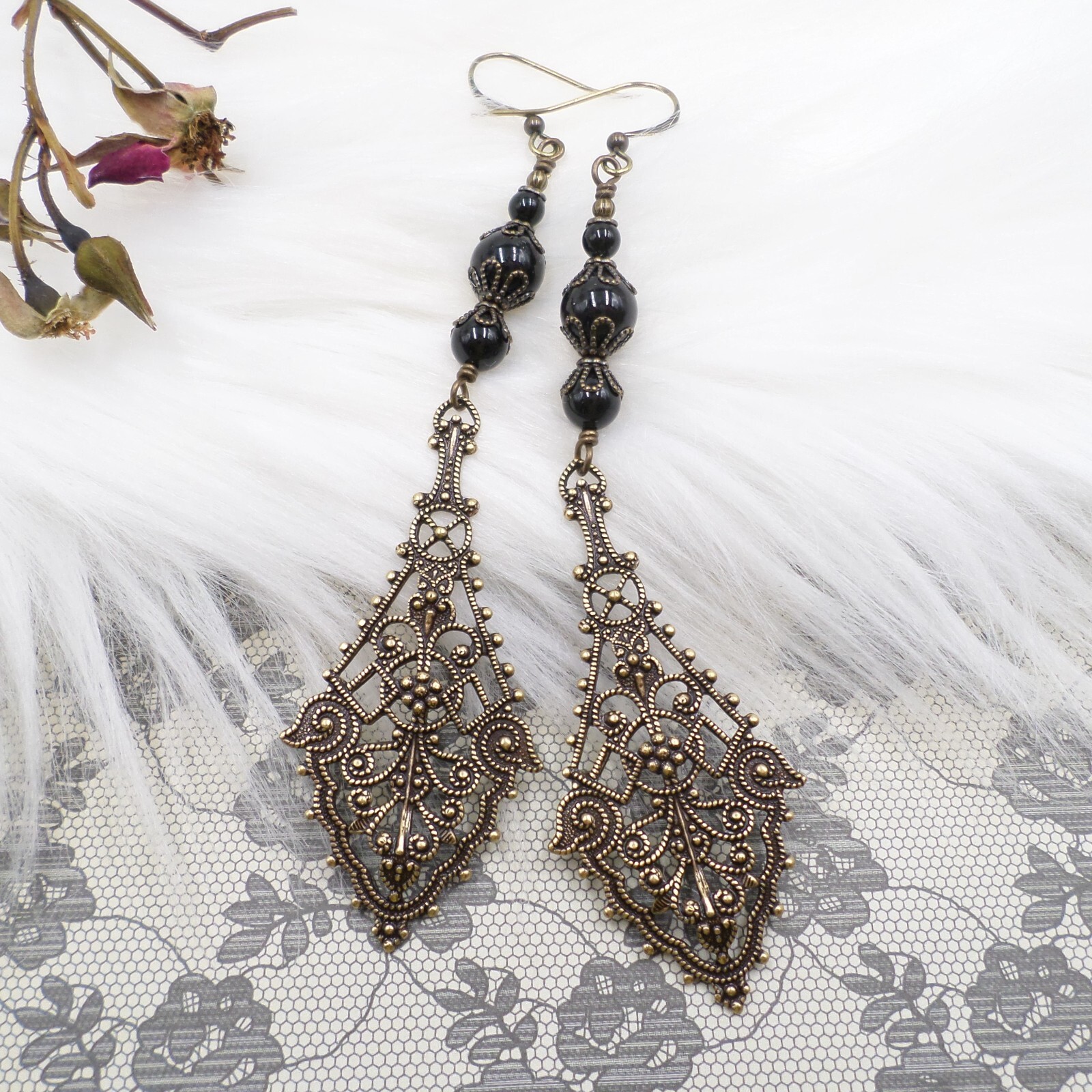 Victorian Gothic Earrings, Antique Brass Filigree Black Bead Long Dangle Jewelry