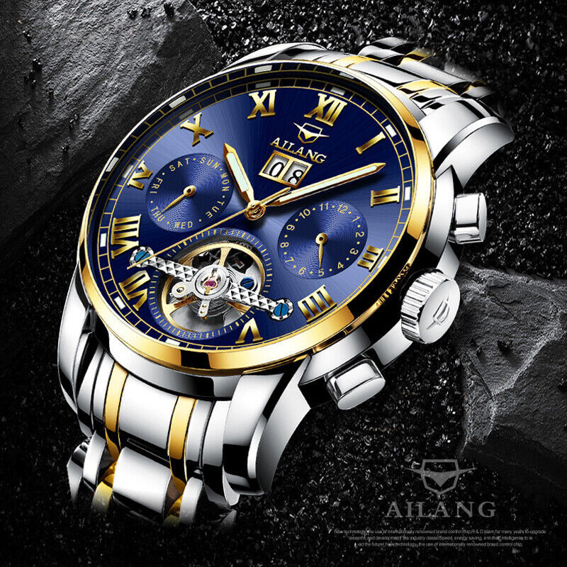 AILANG Men Watch Calendar Tourbillon Steel Waterproof Mechanical Wristwatch
