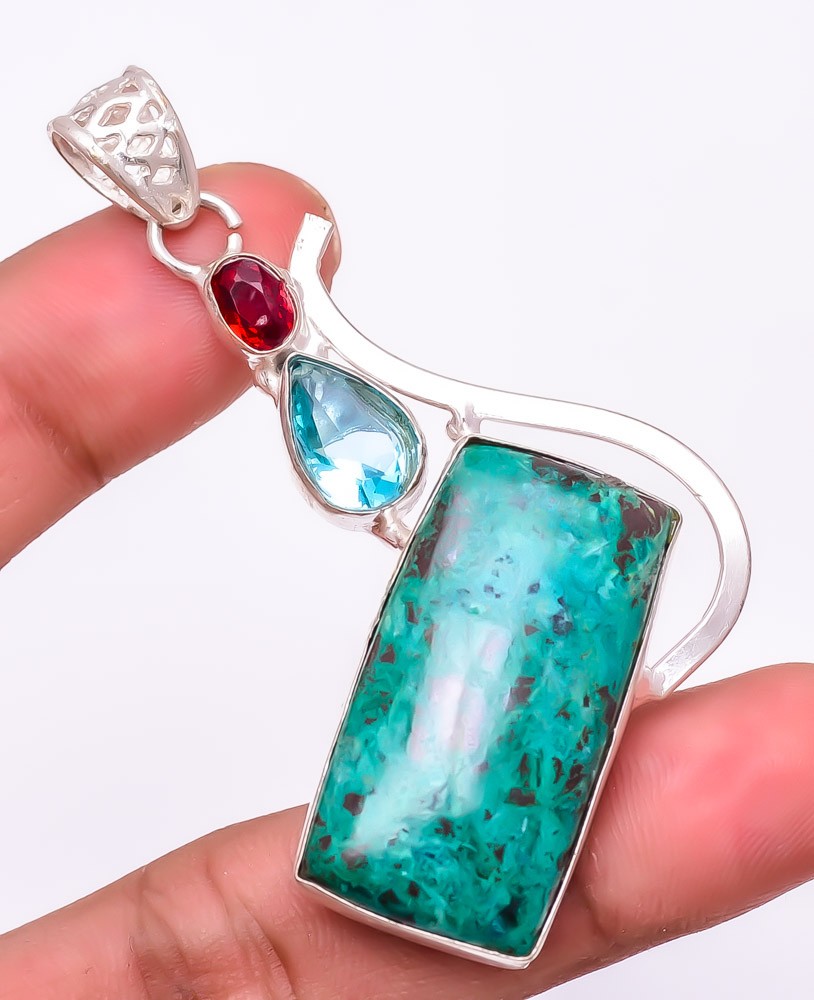 Tibetan Turquoise Gemstone 925 Silver Plated Pendant 2.6″ LP-2009