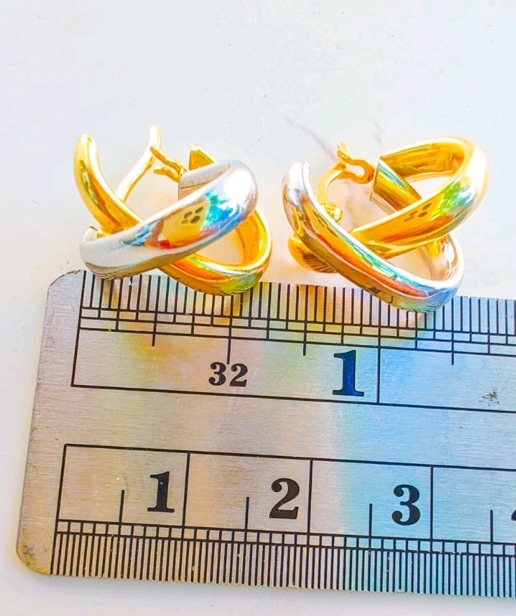 14K Two‑Tone Gold X‑Design Earrings • 2.50g • Snap‑Bar • Marked 14K Israel