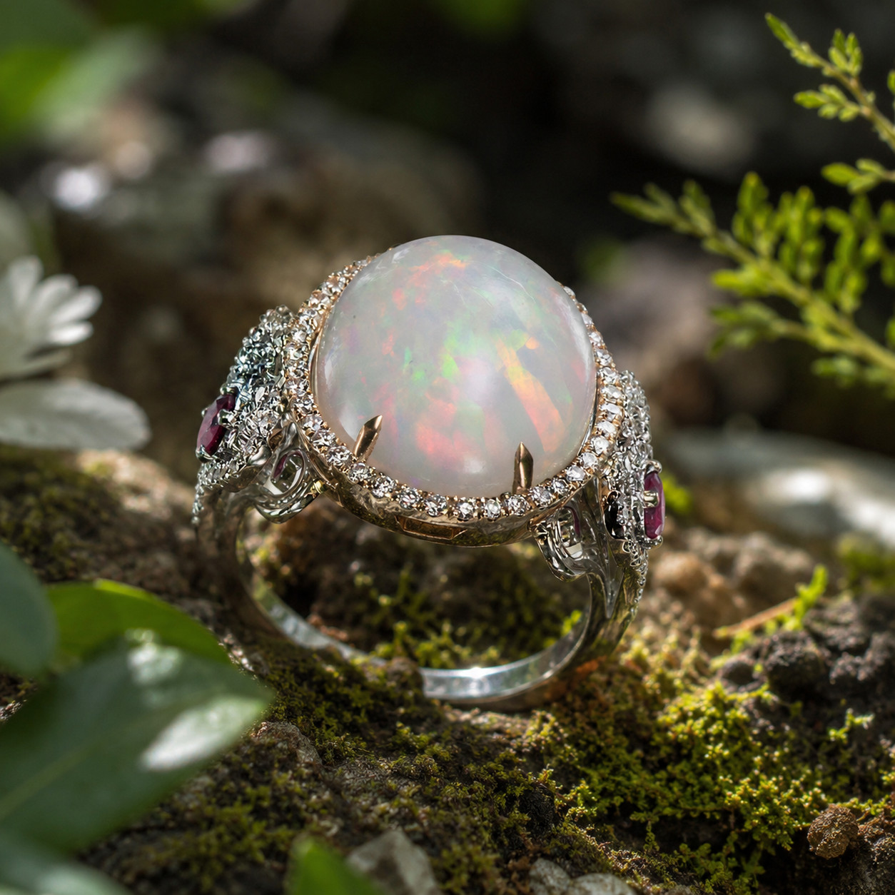 4Ct Oval Cut Lab-Created Fire Opal Halo Engagement Ring 14K White Gold Plated