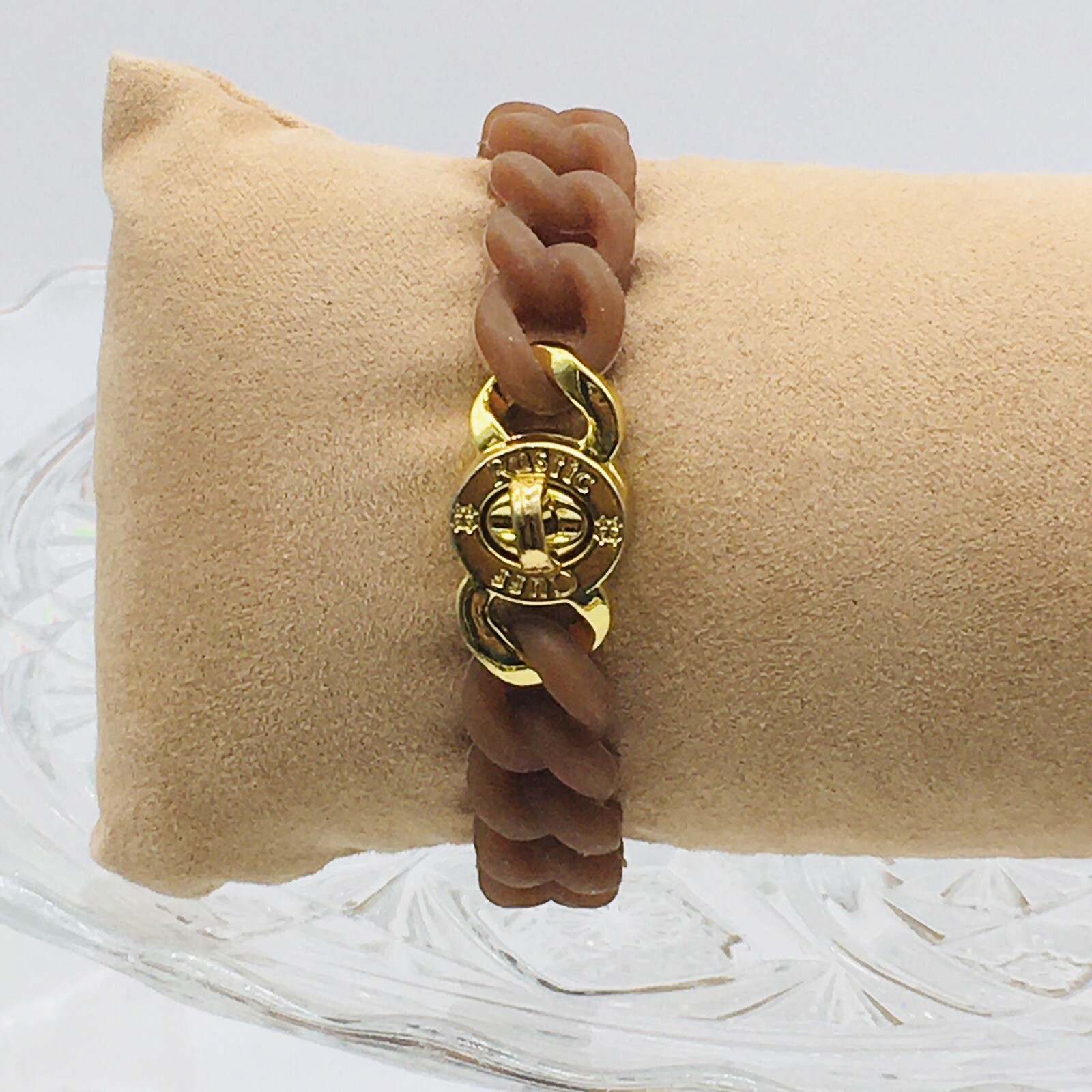 Rustic Cuff Gold Tone Logo Turn Lock Brown Silicone Stretch Mock Chain Bracelet