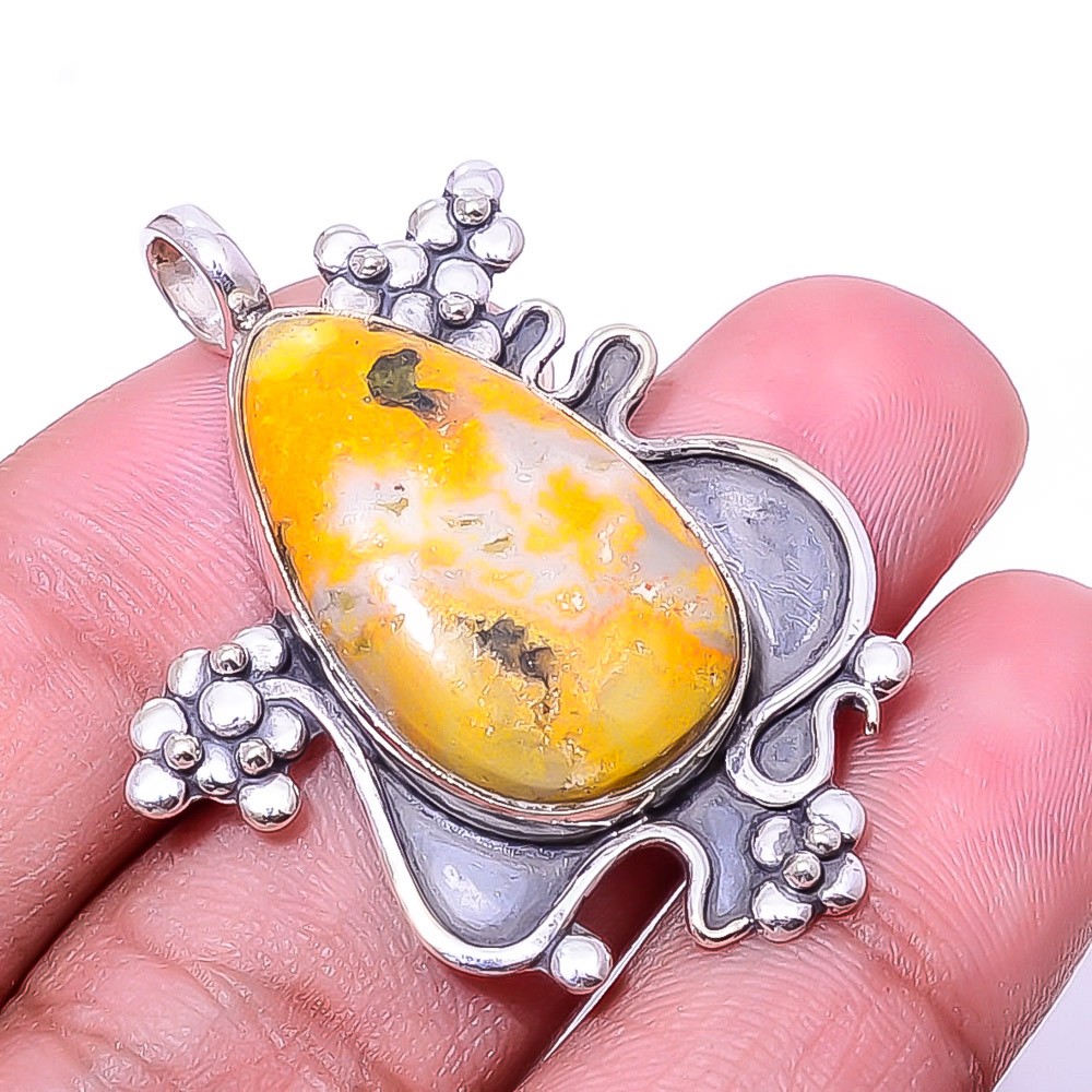 Natural Bumble Bee Jasper Oxidised 925 Sterling Silver Pendant 1.72″ P32