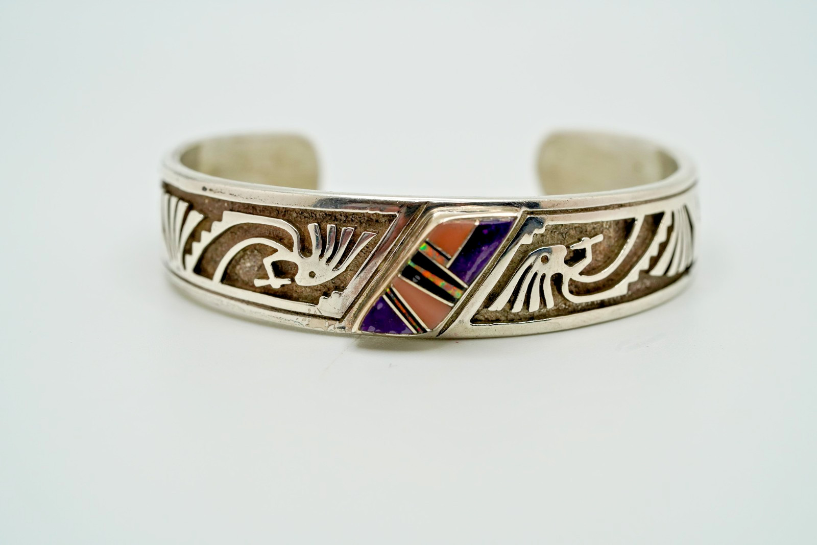 Vintage Navajo Ervin Hoskie Sterling Silver Opal Kokopelli Cuff 2 1/8″ JB33