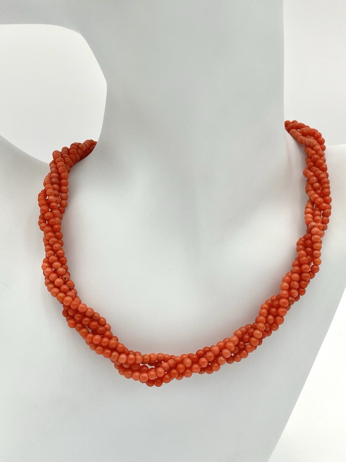 Natural Mediterranean Coral Necklace 5 Strands Tea Towel 925 Silver Made In Italy