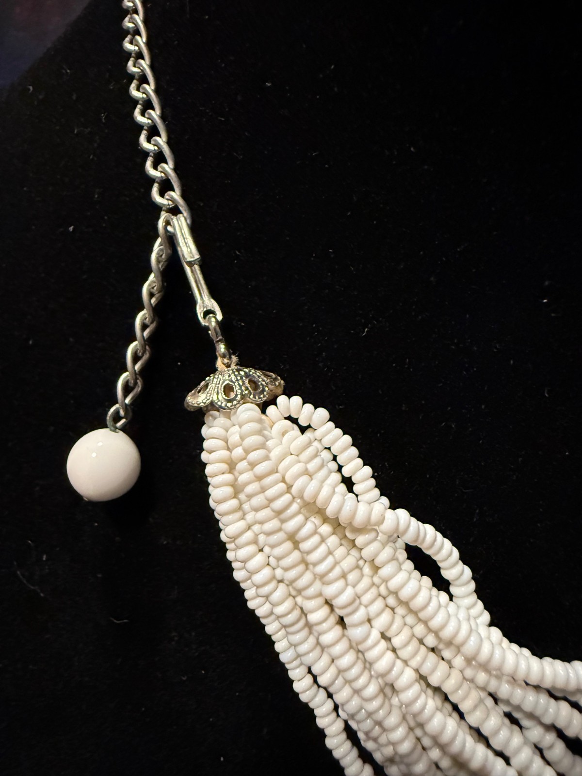Vintage White Seed Bead Multi-Strand Statement Necklace and Clip-On Earrings