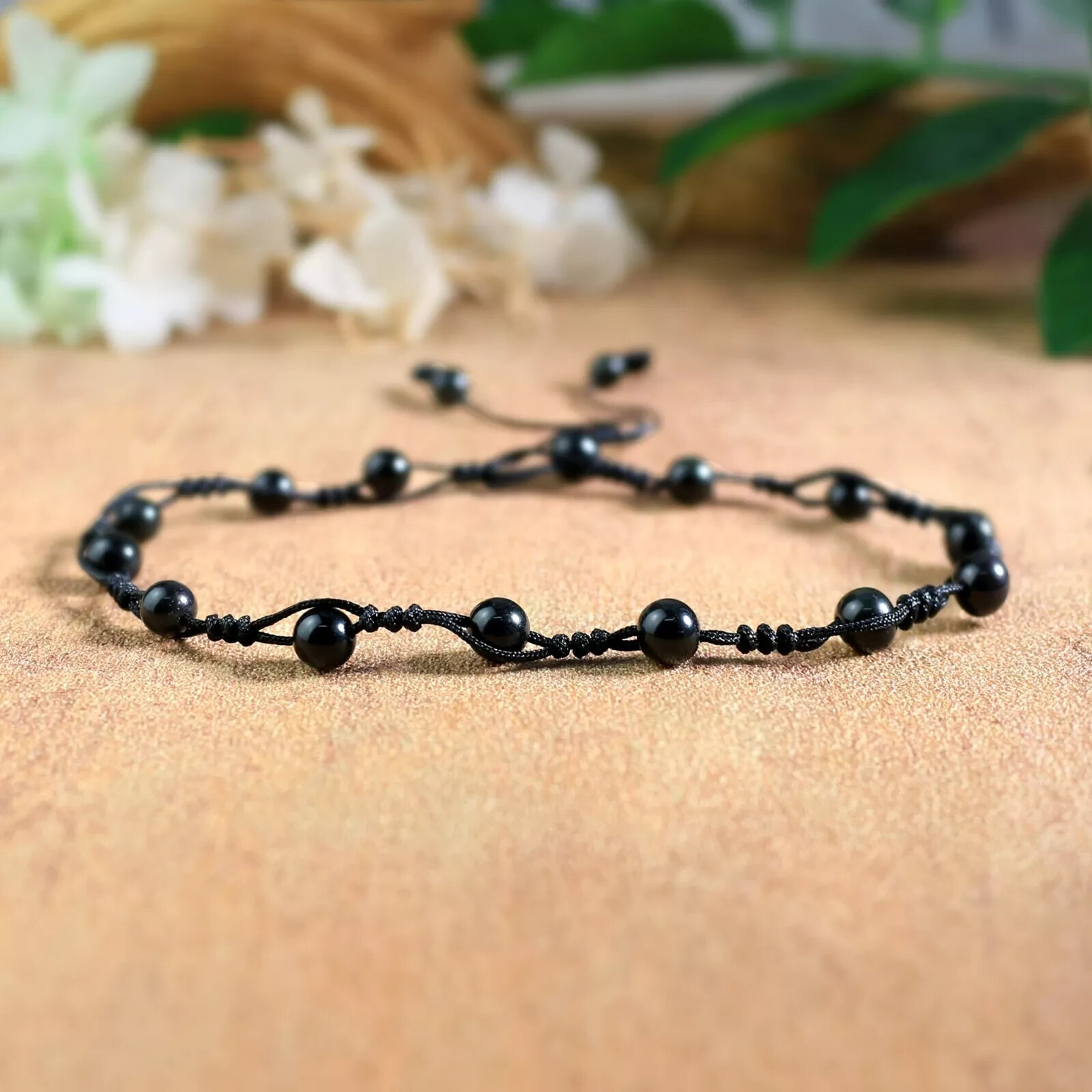 Obsidian Stone Anklet Bracelet Natural Black Gemstone Crystal Braided Anklet