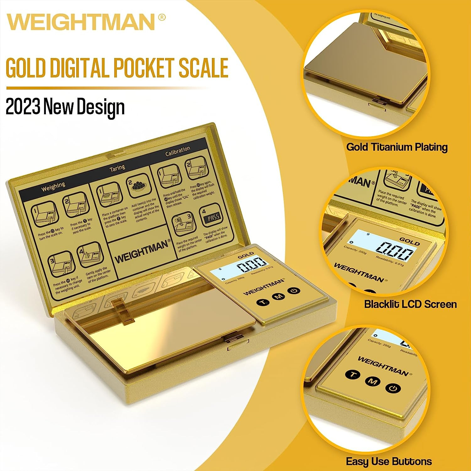 Digital Scale Gram, 200G/0.01G Pocket Scale Gold Titanium Plating, LCD Backlit D