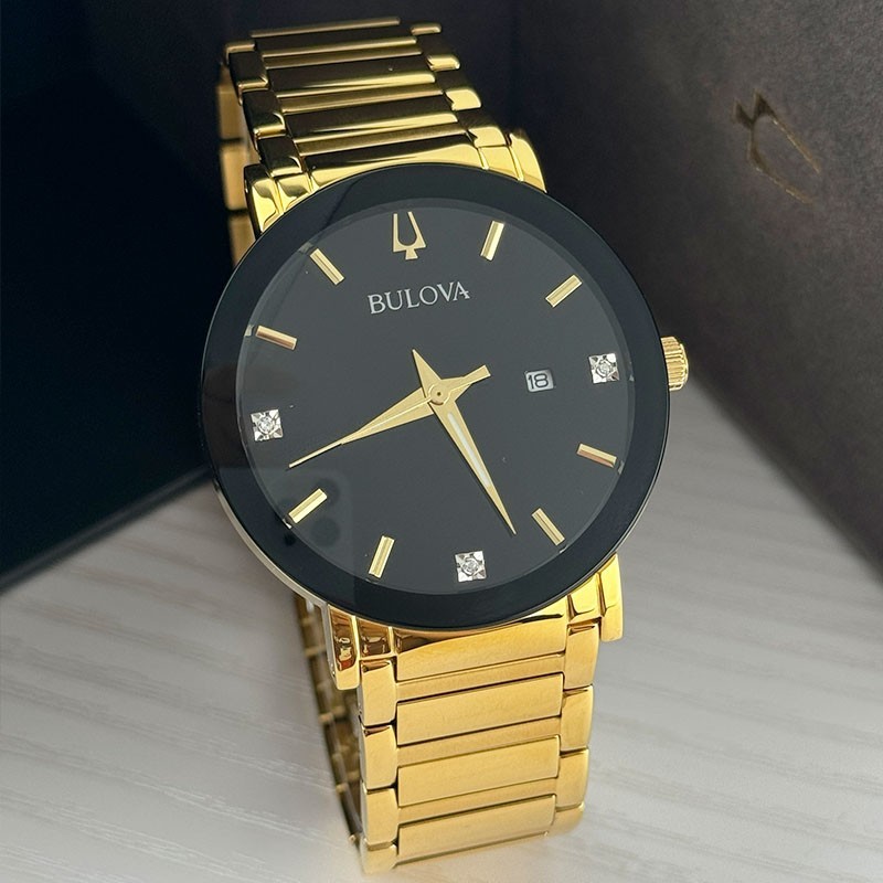 Bulova Modern 97D116 Black Diamond Dial Gold Bracelet Men’s Quartz Watch 42mm