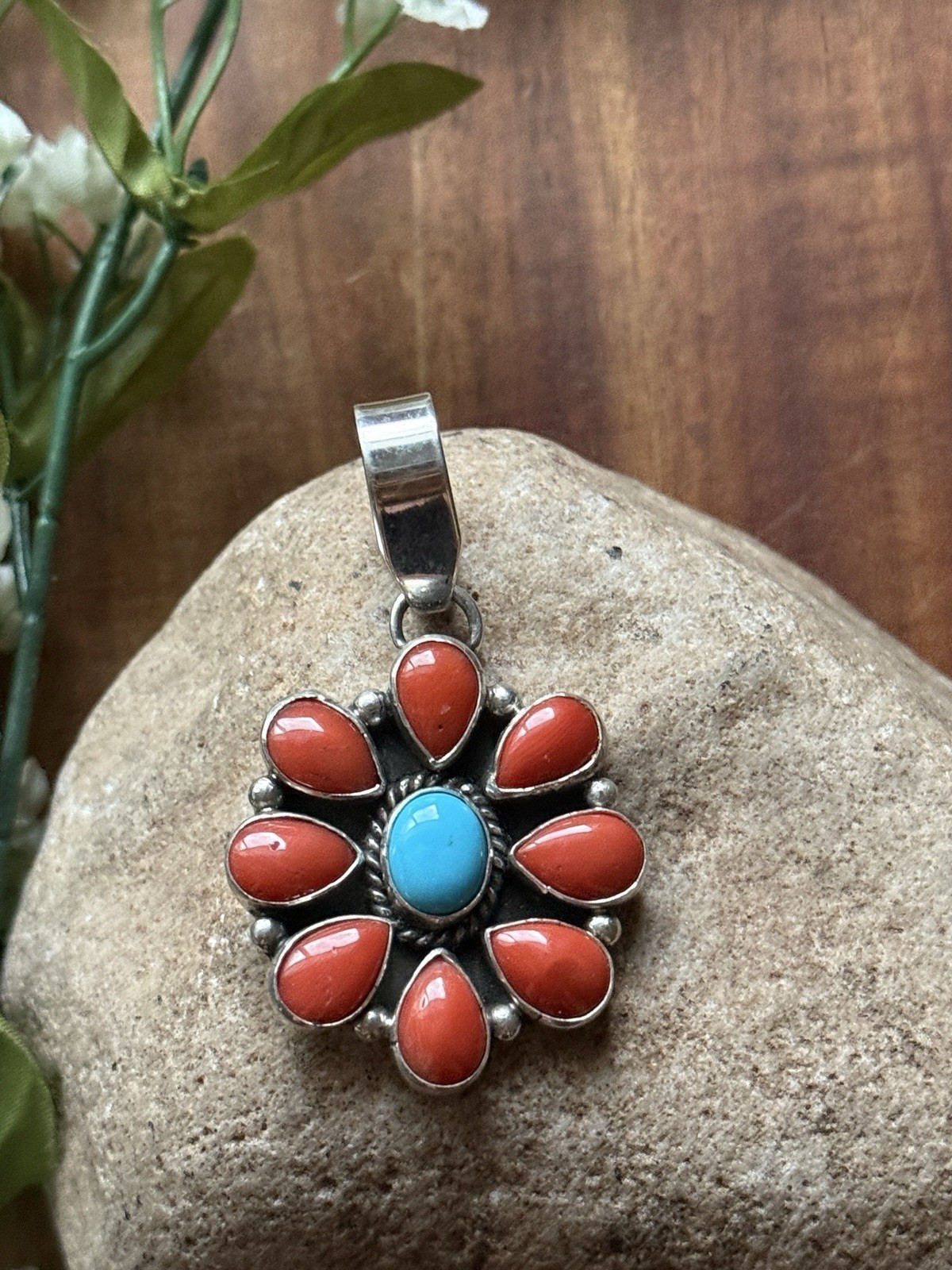 Navajo Sterling Silver Red Coral Turquoise Cluster Pendant LY
