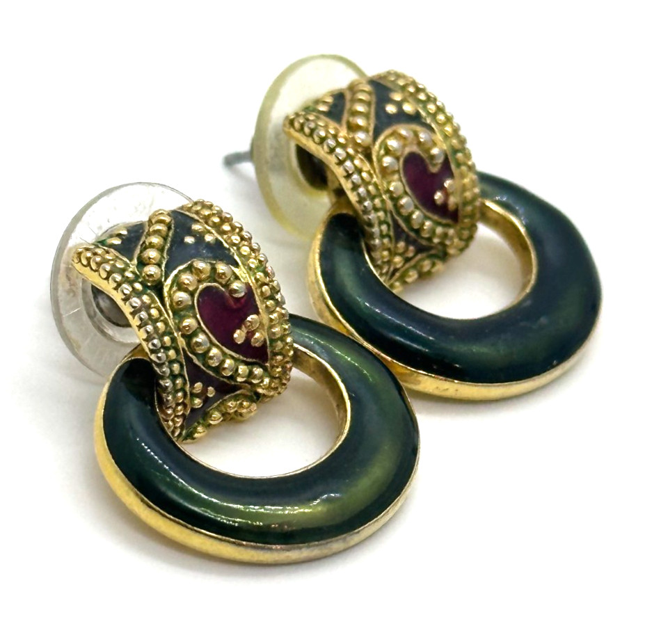 Vintage ANNE KLEIN Door Knocker Earrings Green Enamel Gold Tone Pierced