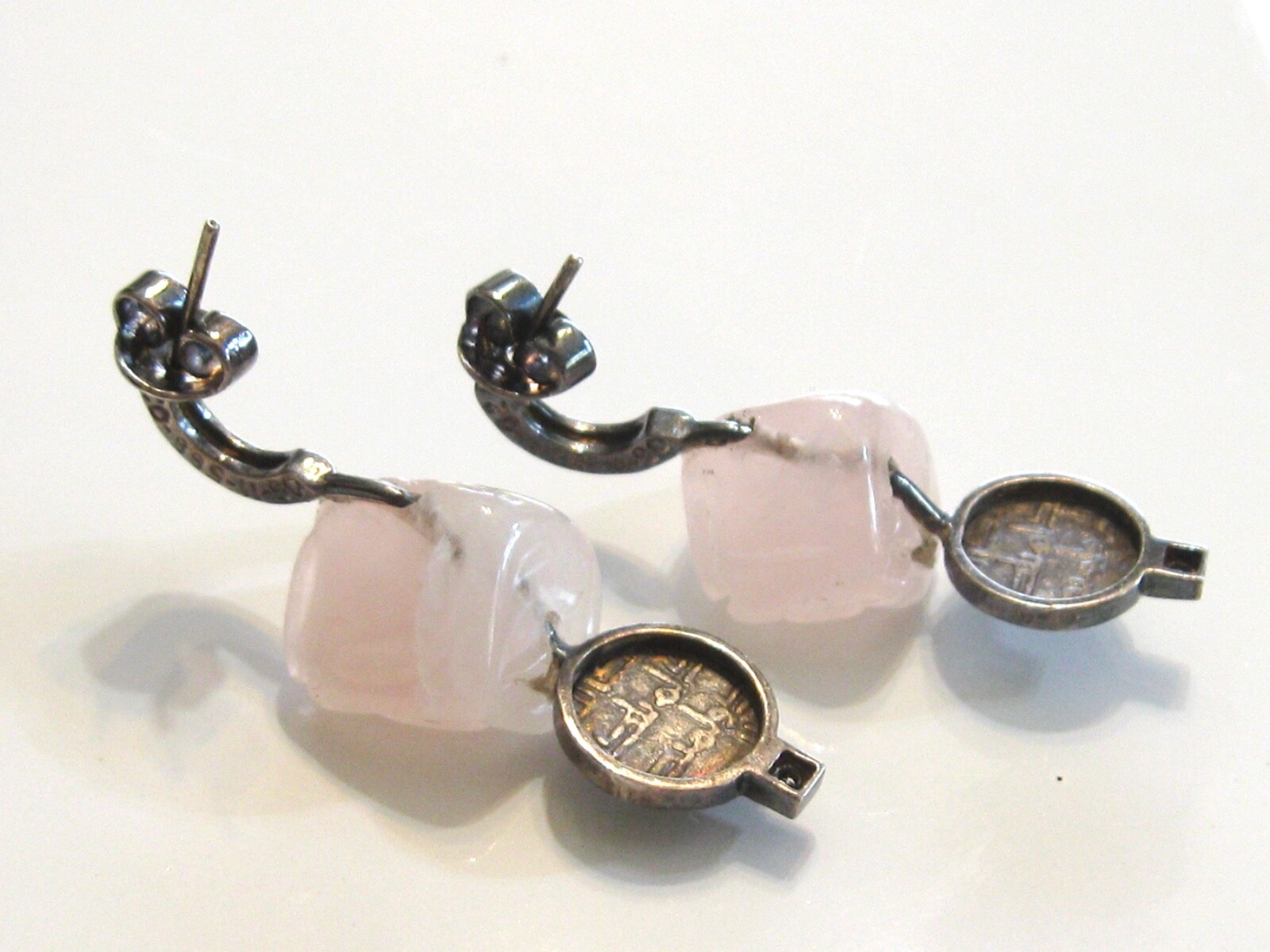 HANDMADE POST EARRINGS FLORAL CARVED ROSE QUARTZ COINS DIAMONDS MYSTERY NUMBER