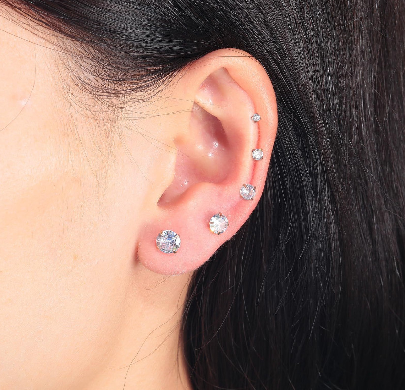 PAIR Prong Set CZ Stud Earrings with Gem Centered Screw Back Surgical Steel PE30