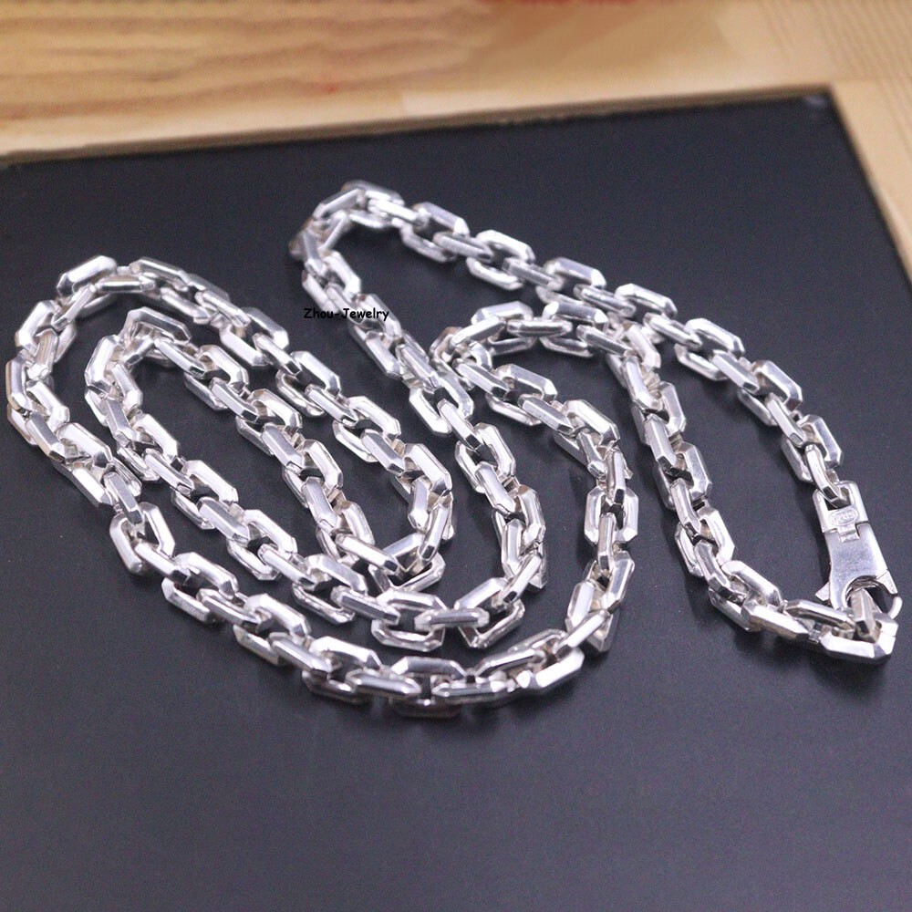 Real S925 Sterling Silver Chain Men 6mm Square O Link Necklace 68-69g 23.6inch