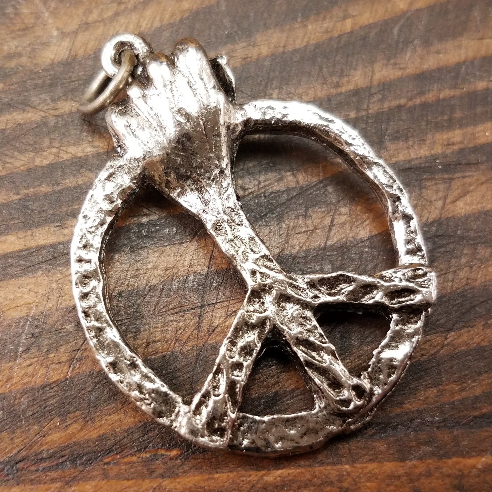 Vintage Boho Peace Symbol Charm 3D Hand Hammered Hippie Pendant Jewelry