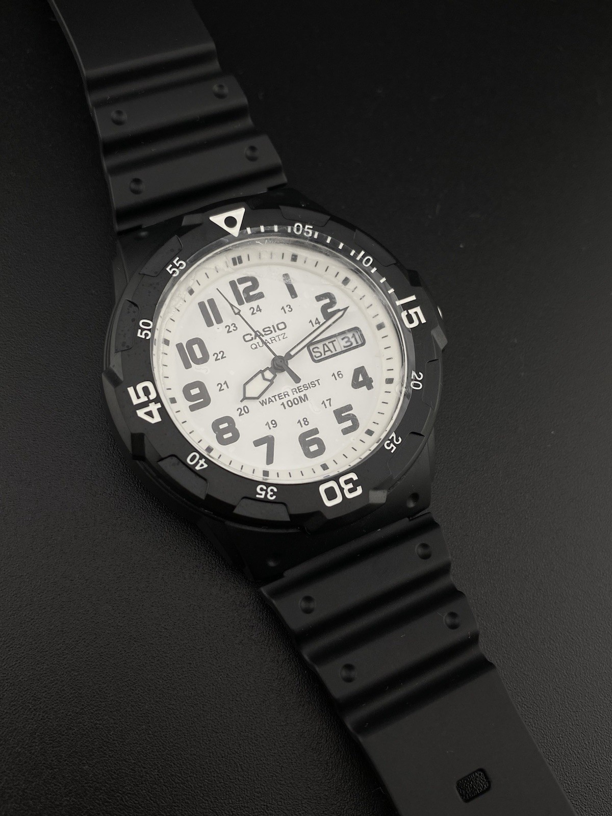 Casio White Round Day Date Dial Black Band Sport Diver Style Men’s Watch