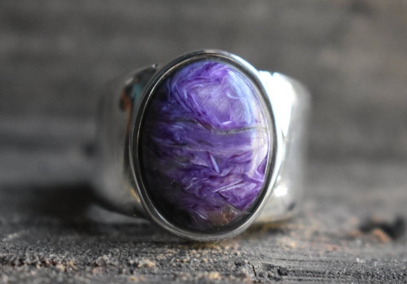Solid 925 Sterling Silver Natural Purple Charoite Gemstone Men’s Unisex BandRing