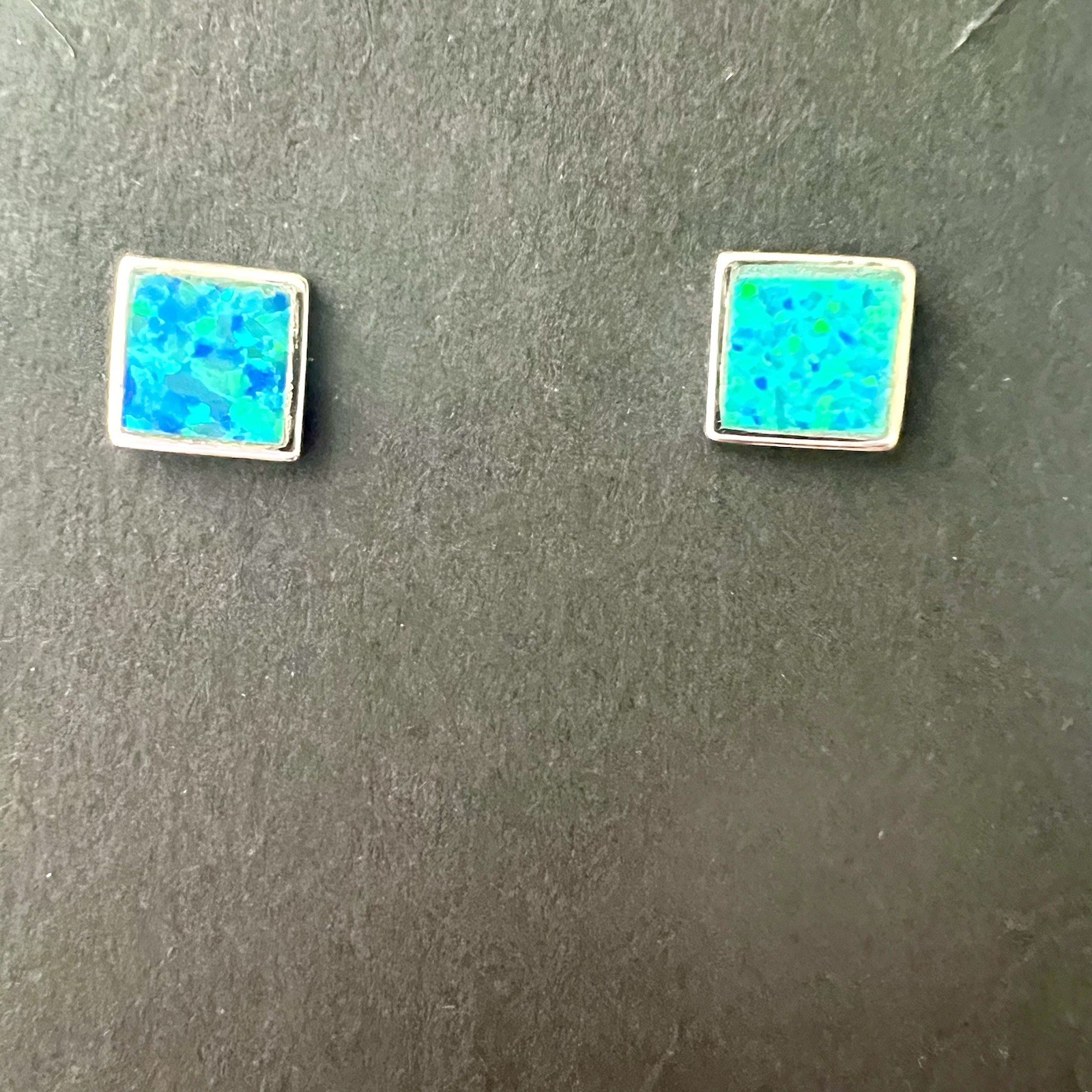 925 Sterling Silver Blue Fire Opal Square Stud Earrings 6mm 1/4” Star Hallmark