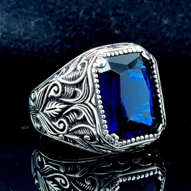 925 Men Silver Handmade Engraved Blue Stone Ring