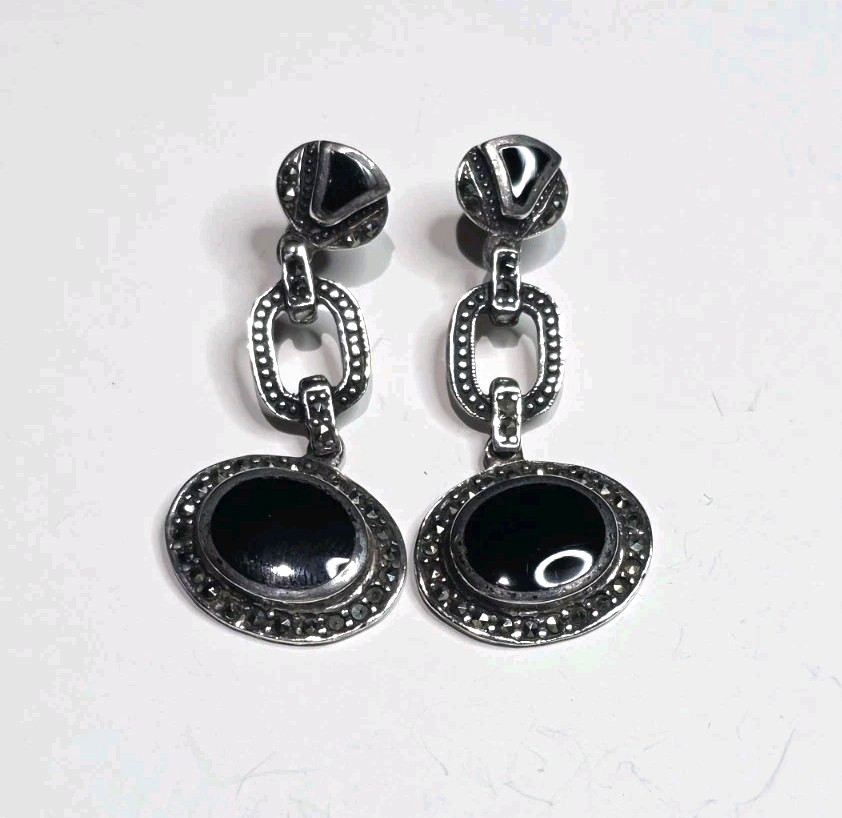 Vintage ACI 925 Sterling Silver Black Onyx Marcasite Art Deco Dangle Earrings