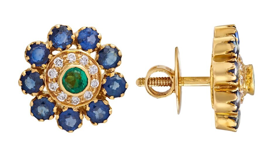 0.60ct Natural Round Diamond 14K Yellow Gold Emerald Sapphire Stud Earrings