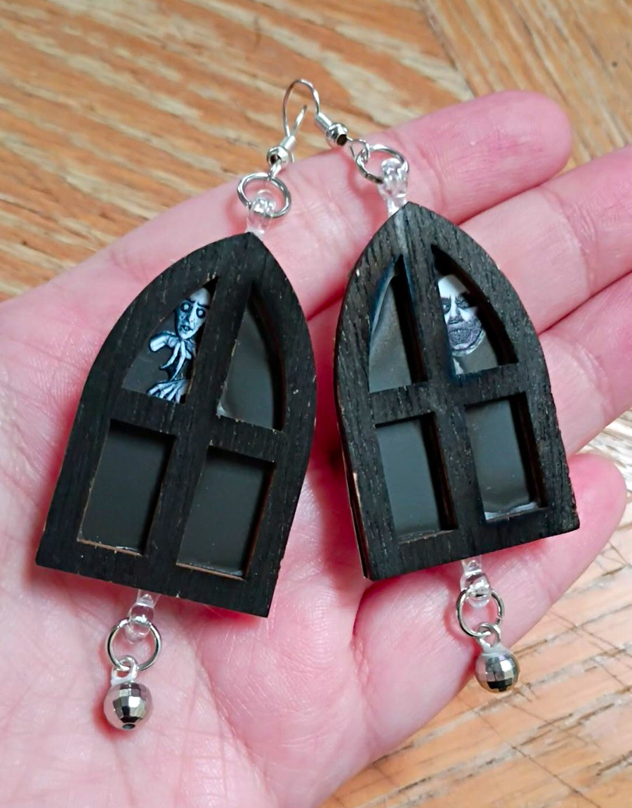 Handcrafted Gothic Black Wood Window Dangle Earrings, Silver Plated Hook