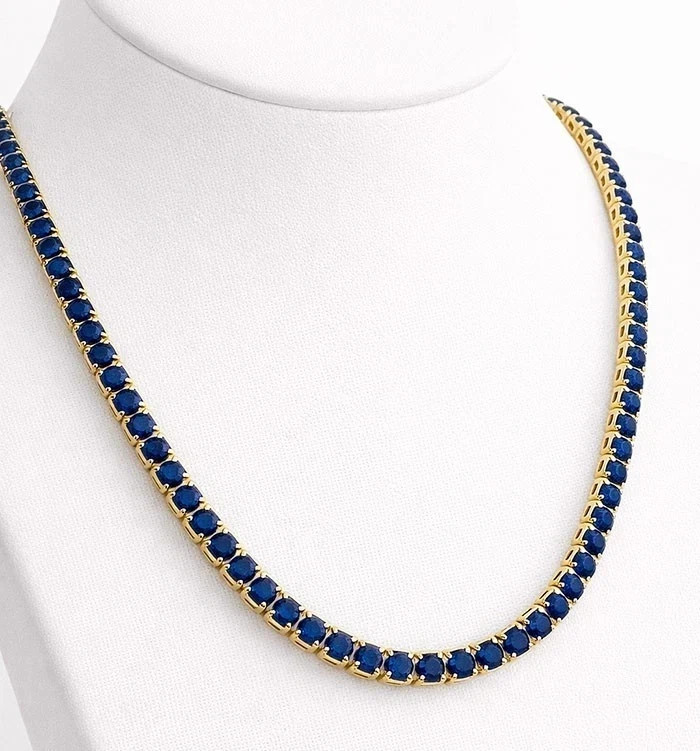 4MM Round Cut Lab Created Blue Sapphire Tennis necklace 14k Yellow Gold Plated