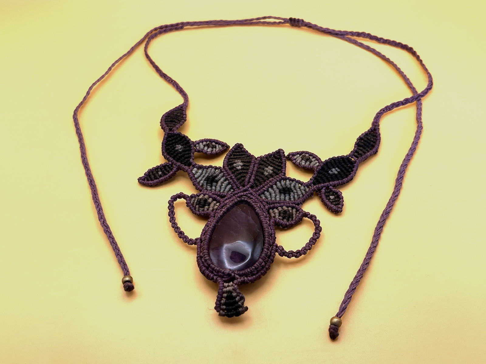 Artesian Made Macrame and Purple Fluorite/Amethyst Gemstone Necklace Boho Hippie