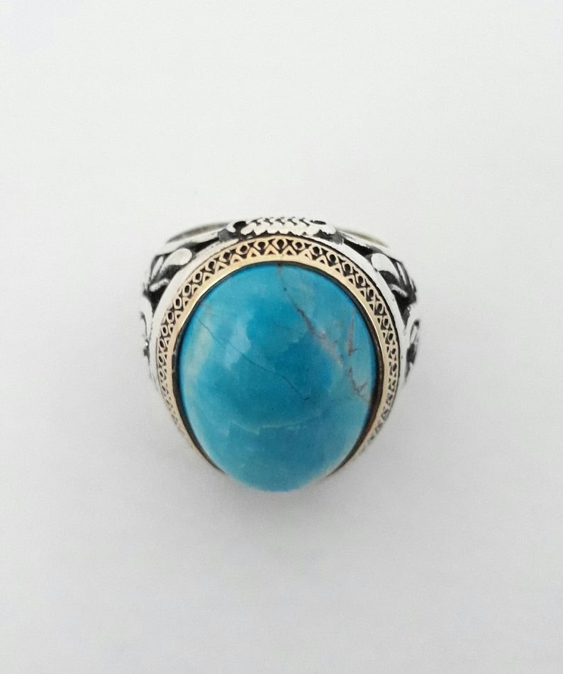 Solid 925 Sterling Silver Natural Arizona Turquoise Gemstone Men’s Unisex Ring