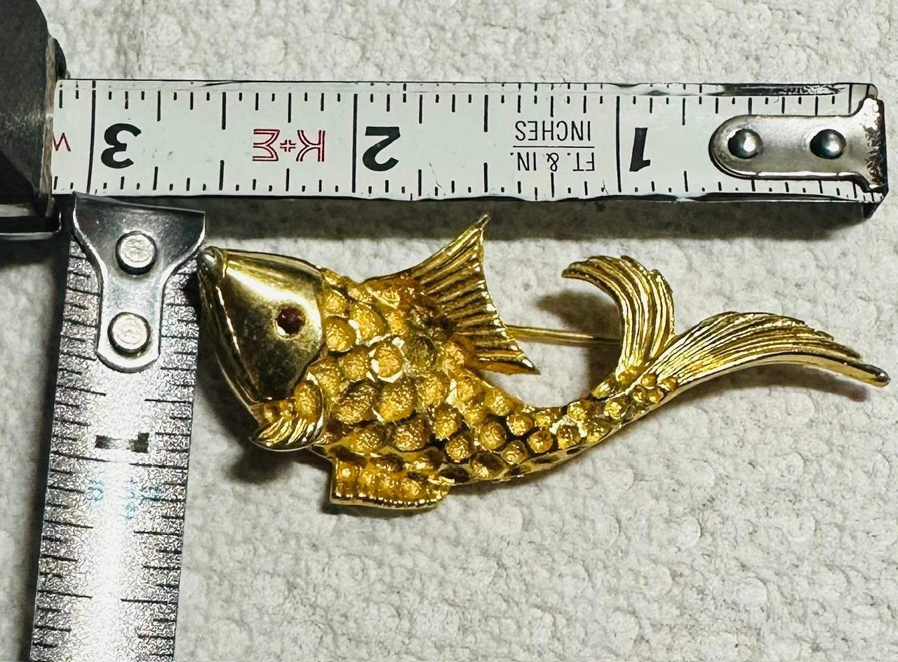 Vintage Coro Signed Gold Tone Koi Fish Brooch w/ Red Crystal Eye Estate