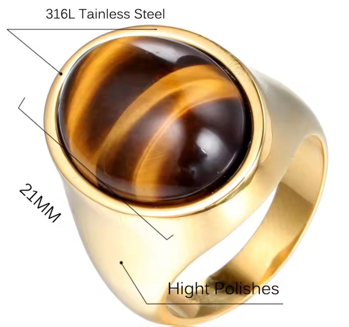 Men’s Ring Stainless Steel Gold Color Green Jade Oval Shape Natural Gemstone
